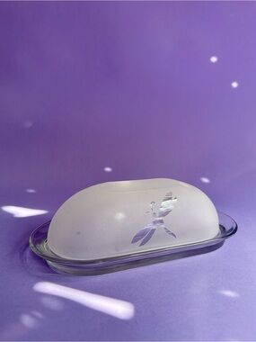 Frosted Glass Butter Dish with Dragonfly Etching - Frosted White